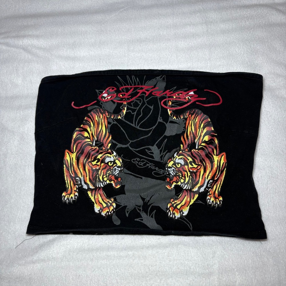 Ed Hardy Women Black Tube Top Twin Tiger Rose Tattoo Graphic Y2K Strapless L